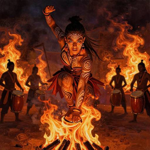 Digital artwork of a tribal dancer with glowing body paint, crouching over a fiery pit, surrounded by drummers in the background.