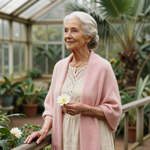 Elderly woman with white hair, pink cardigan, and lace dress, holding a white flower, standing in a greenhouse filled with plants.