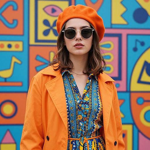 Photograph of a woman in an orange beret, sunglasses, and orange coat, wearing a blue, patterned dress, standing in front of a