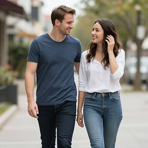 Smiling Woman Walking and Listening