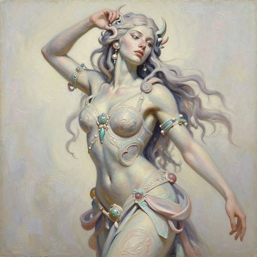 Digital painting of a fair-skinned, horned, topless fantasy woman with flowing silver hair, adorned with jewels and ornate armor, striking a