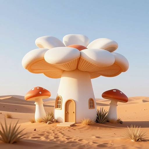 Whimsical digital art of a white, mushroom-shaped house with large, red-capped mushrooms in a sunny, desert landscape.