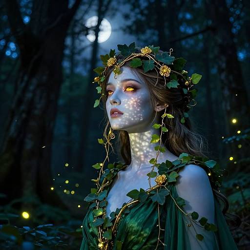 Digital fantasy artwork of a glowing, ethereal forest fairy with green leafy crown, yellow eyes, white luminescent face, and green dress,