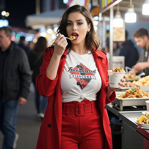Photograph of a brunette woman in a red coat and red high-waisted pants, eating fried food from a cup, wearing a white 