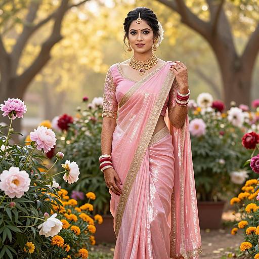 Photograph of a beautiful Indian bride in a pink saree with gold trim, standing in a blooming garden, wearing gold jewelry and red bangles