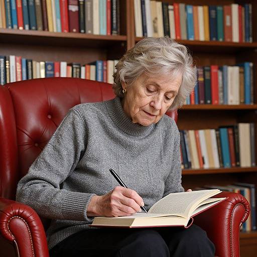 Elderly woman with short gray hair, wearing a gray sweater, writing in an open book while seated in a red leather chair in a library with