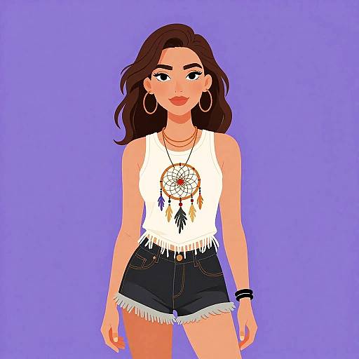 Digital illustration of a brown-haired woman with hoop earrings, white fringe tank top, dreamcatcher necklace, and denim shorts, standing against a solid purple
