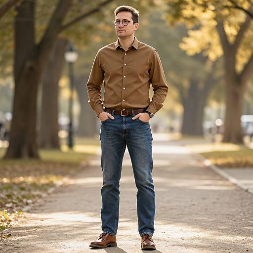 Photograph of a serious, glasses-wearing man in a brown shirt, blue jeans, and brown shoes, standing on a sunlit park path with