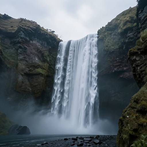 Photograph of a powerful waterfall cascading between dark, moss-covered cliffs into a misty, rocky basin with scattered stones.