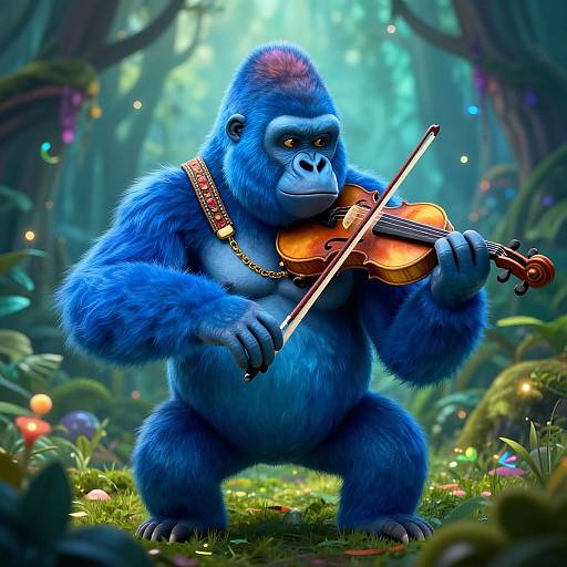 Digital illustration of a blue-furred, muscular gorilla playing a violin in a colorful, enchanted forest with glowing mushrooms and soft light.