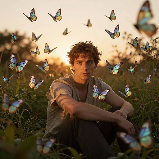 Photograph of a young man with tousled brown hair, wearing a light shirt, sitting in a field of glowing blue butterflies at sunset.