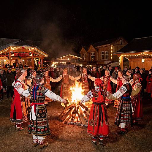 Photograph of a nighttime folk dance performance around a glowing bonfire, with dancers in traditional colorful, embroidered outfits, surrounded by festive, warmly lit wooden