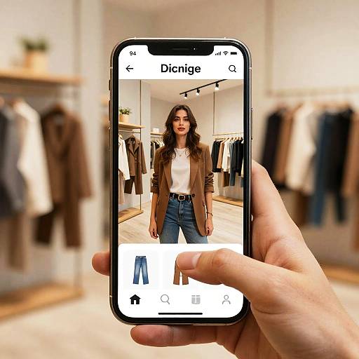 Photograph of a hand holding a smartphone displaying a woman in a clothing store, wearing a brown jacket and white shirt, with blurred clothing racks in the