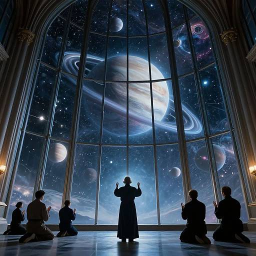Photograph of a silhouetted figure in a long coat, standing before a massive, illuminated window displaying a vivid, cosmic galaxy with planets and