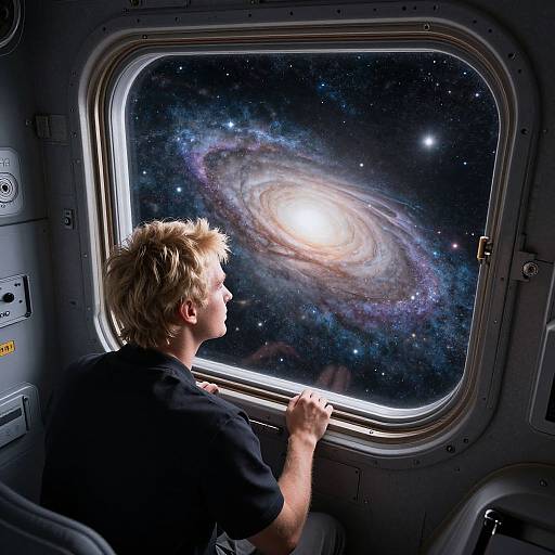 Photograph of a blonde man in a black shirt gazing out a spaceship window at a spiral galaxy, surrounded by starry space.