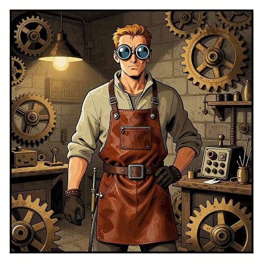 Digital artwork of a blond, muscular man in goggles and brown leather apron, standing in a dimly lit, gear-filled workshop.