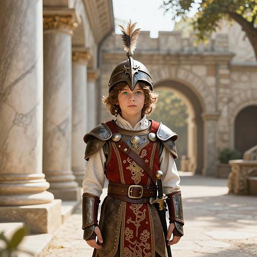 Photograph of a young boy with curly brown hair, wearing medieval armor with a feathered helmet, standing in a sunlit stone courtyard with arched