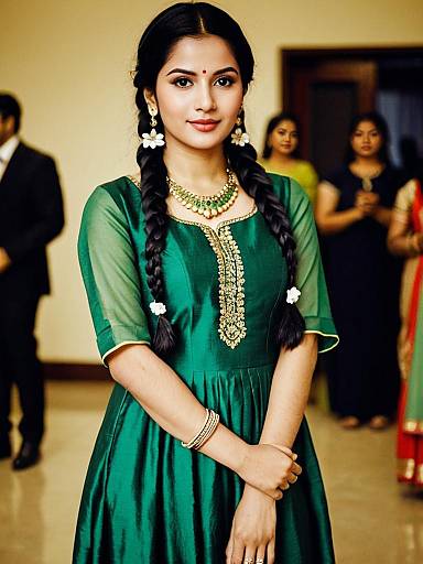 Young Woman in Green Party Kurti with Braided Hair