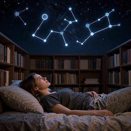 Photograph of a woman with dark hair, lying on a couch in a library, gazing at a glowing constellation on a starry ceiling. Book