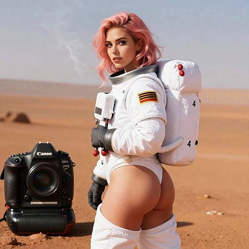 Woman in Partially Unzipped Astronaut Suit on Desert Landscape