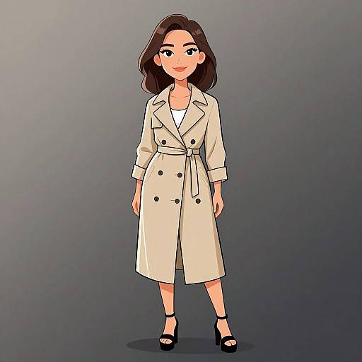 Digital illustration of a smiling woman with medium-length dark brown hair, wearing a beige trench coat, white top, black high heels, standing against a gradient