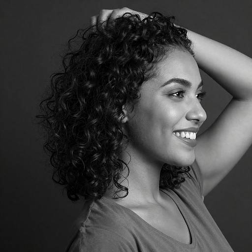 Smiling Woman with Curly Hair Black and White