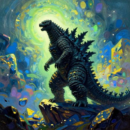 Digital painting of a dark, spiked Godzilla standing on a rocky cliff, illuminated by a glowing, swirling green-yellow light in a vibrant, abstract blue and