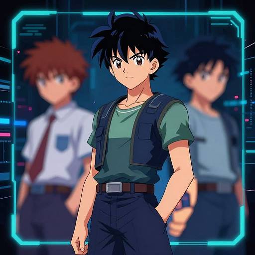 Digital anime-style illustration of a black-haired, green-shirted boy in a vest, flanked by two blurred, red-haired and blue-shirted boys