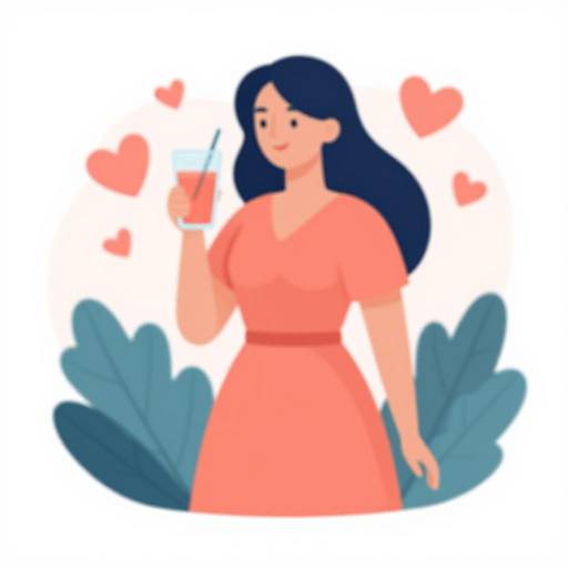 Digital illustration of a smiling woman with long blue hair, wearing a pink dress, holding a heart-shaped ice cream, surrounded by pink hearts and blue leaves