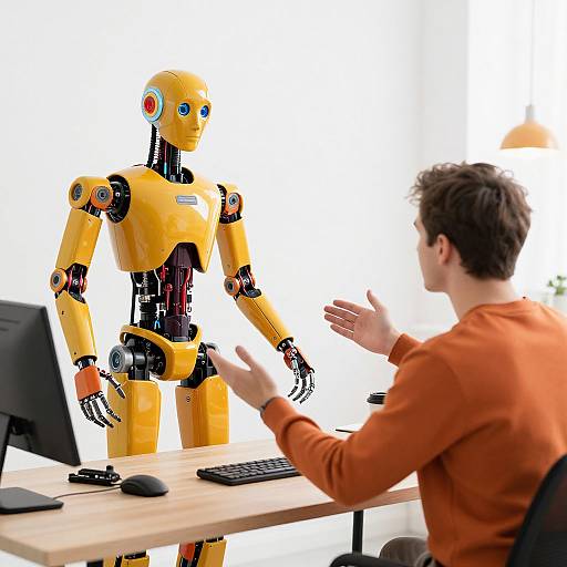 Photograph of a male human facing a yellow humanoid robot with blue eyes, seated at a desk, gesturing conversation. Bright background.