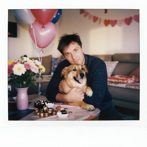 Photograph of a man with short brown hair, wearing a black shirt, holding a happy golden retriever, surrounded by balloons, flowers, and chocolate