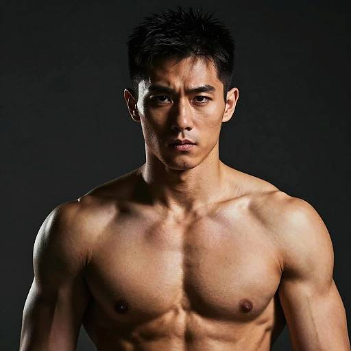 Photograph of a muscular, shirtless Asian man with short black hair, intense expression, and defined abs against a dark background.