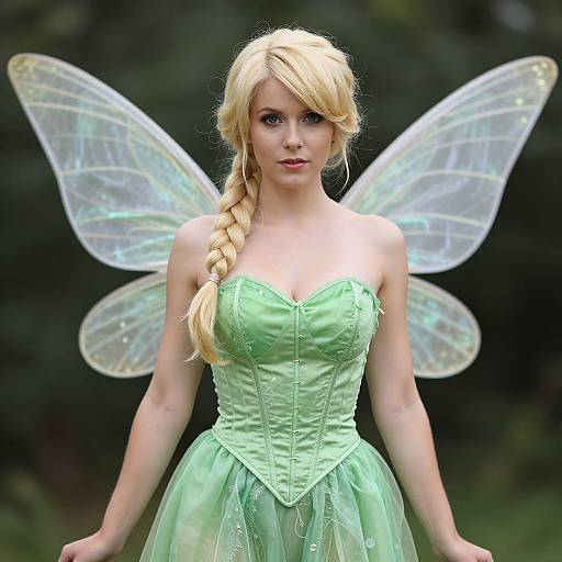 Photograph of a blonde woman with fairy wings, wearing a green corset and tulle dress, standing against a blurred green background.