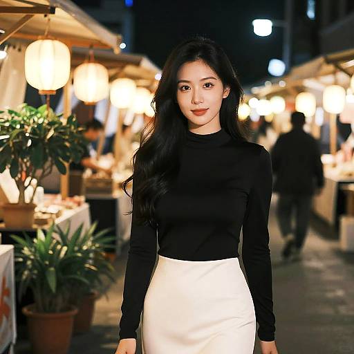 Asian Woman in Night Market Glow