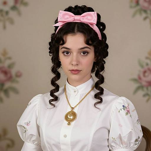 Photograph of a young woman with curly black hair, wearing a pink bow, white floral shirt, gold necklace, and floral wallpaper background.
