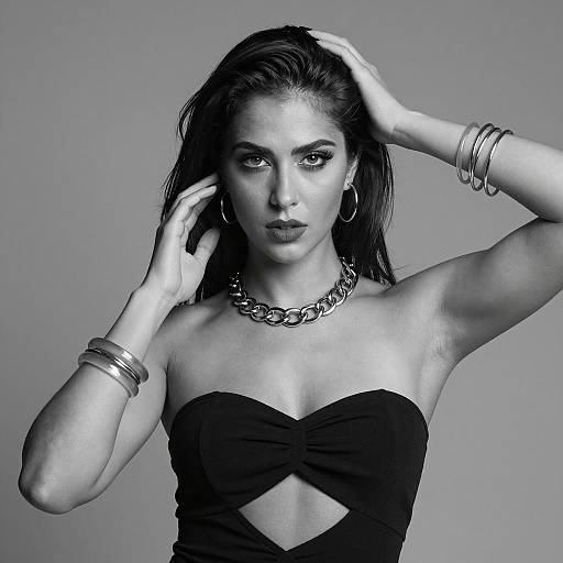 Black and White Portrait of Woman in Strapless Dress