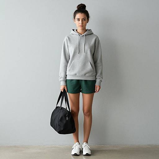 Photograph of a young woman with dark hair in a bun, wearing a gray hoodie, green shorts, white sneakers, and holding a black duff