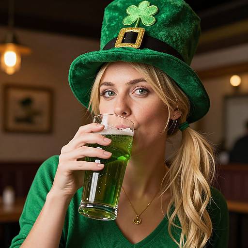 Photograph of a blonde woman with green eyes, wearing a green shamrock hat with a black buckle, drinking a green beer in a dimly lit