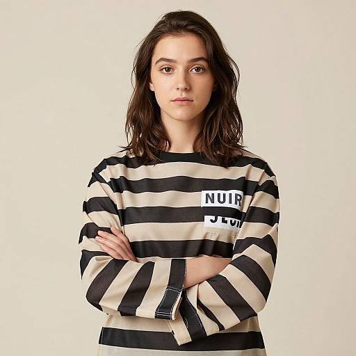 Photograph of a young woman with medium-length brown hair, wearing a black and white striped prison shirt, arms crossed, white background, serious expression.