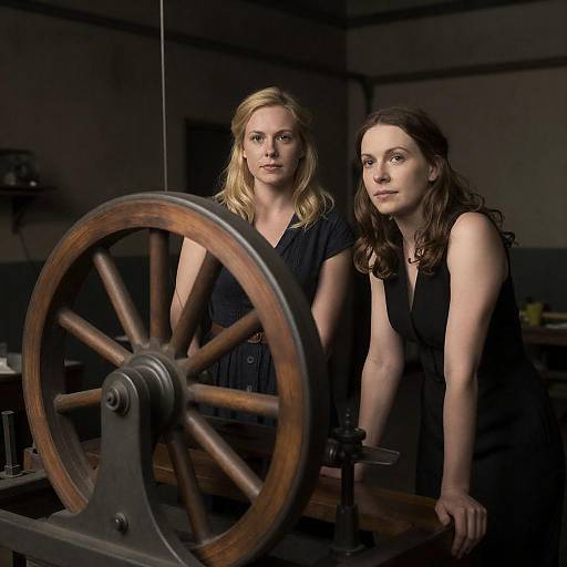 Women Beside Vintage Spinning Machine