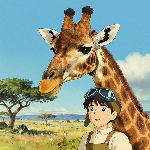 Digital artwork of a surprised boy with goggles, standing beside a tall giraffe in a sunny, grassy savanna with a tree and distant hills.