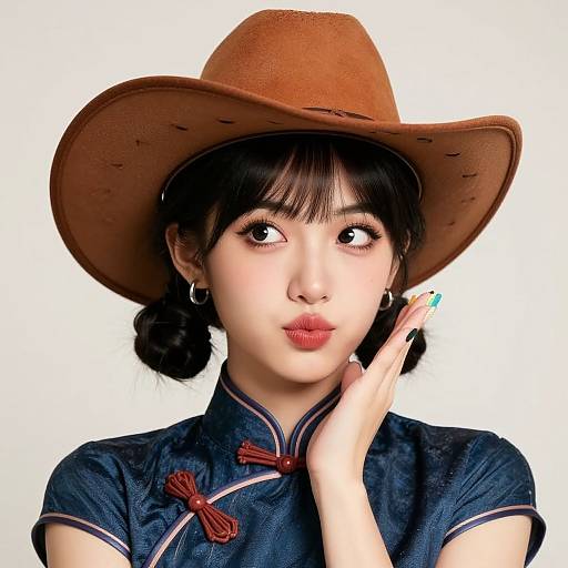 Photograph of an Asian woman with fair skin, black hair in buns, wearing a brown hat and dark blue cheongsam, touching her cheek