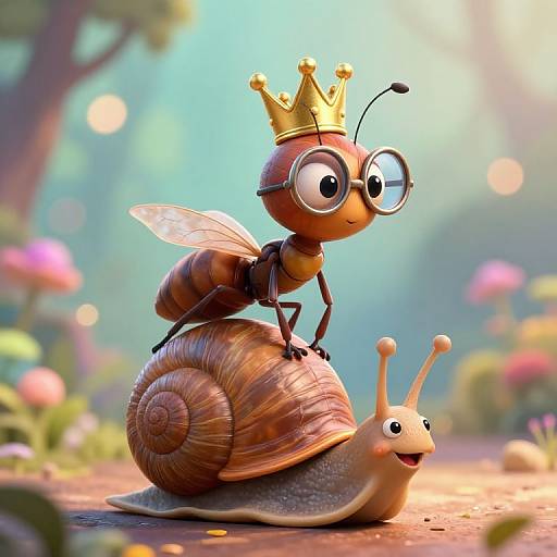 Digital cartoon of a red ant with a gold crown and glasses, standing on a smiling snail in a colorful, sunlit forest.