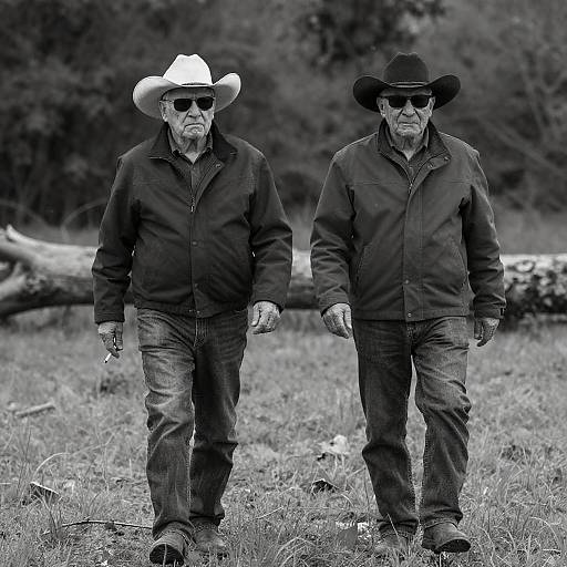 Two older men walking in cowboy hats