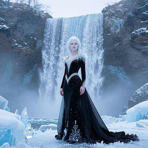 Serene Ice Queen by Frozen Waterfall