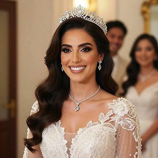 Photograph of a smiling brunette bride in an elegant white lace wedding dress with floral patterns, sparkling tiara, and matching earrings, standing in a softly