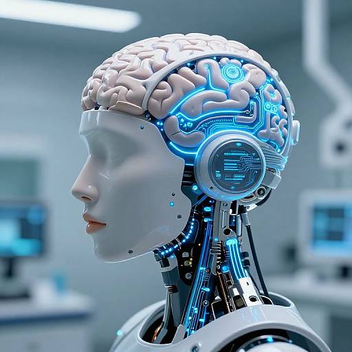 CGI image of a futuristic robotic human head with a white, human-like face, blue glowing circuits, and a cybernetic neck in a sterile