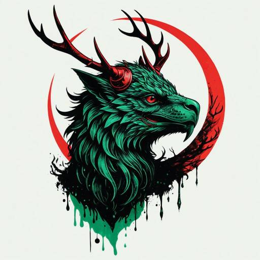 Emerald Gryphon with Antlers and Red Crescent Moon
