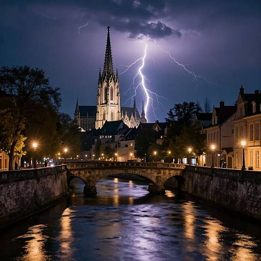 Photograph of a stormy night scene with a lightning bolt illuminating a Gothic cathedral and a river bridge reflected in the water.