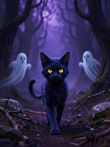 Digital art of a glowing-eyed black cat with eerie yellow eyes walking through a dark, purple-lit forest, flanked by two ghostly spirits.
